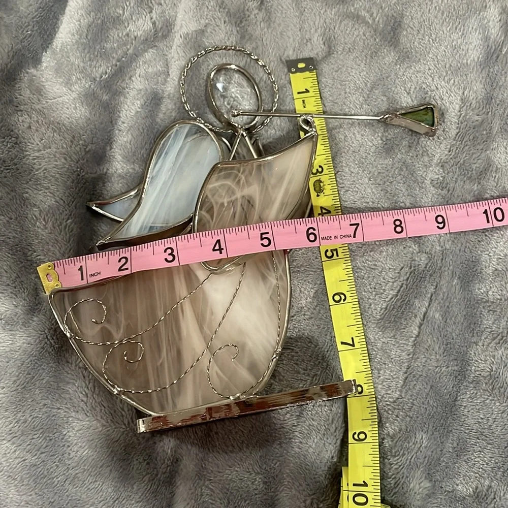 Stained glass angel sounding trumpet glass wings silver trim and halo crystal - Picture 8 of 8